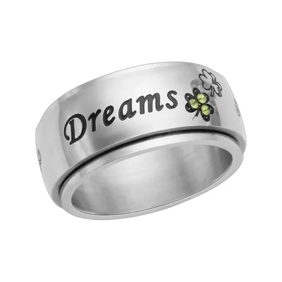 Green Austrian Crystal & Enameled Dreams Engraved Stainless Steel Spinner Ring - Picture 2 of 5
